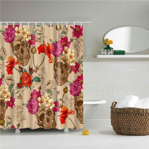 rideaux de douche motifs têtes de morts roses